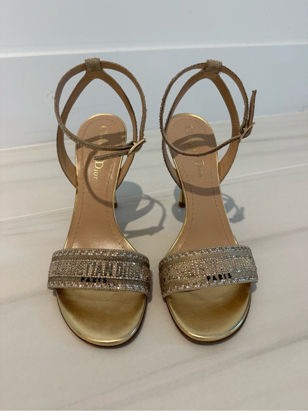 Dior Sparkling Gold Embellished Ankle-Strap Heels